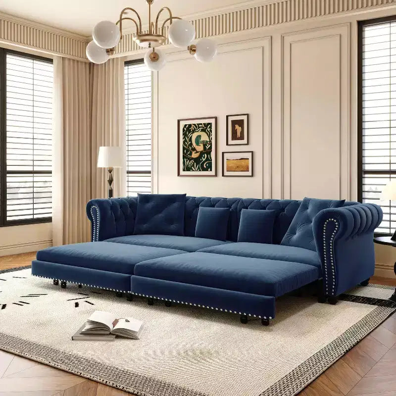 89 Samtsofa für 3 Personen mit verschiebbarem Ottomanen, ausziehbares Schlafsofa 3-in-1, Schlafsofa in Kingsize, Blau