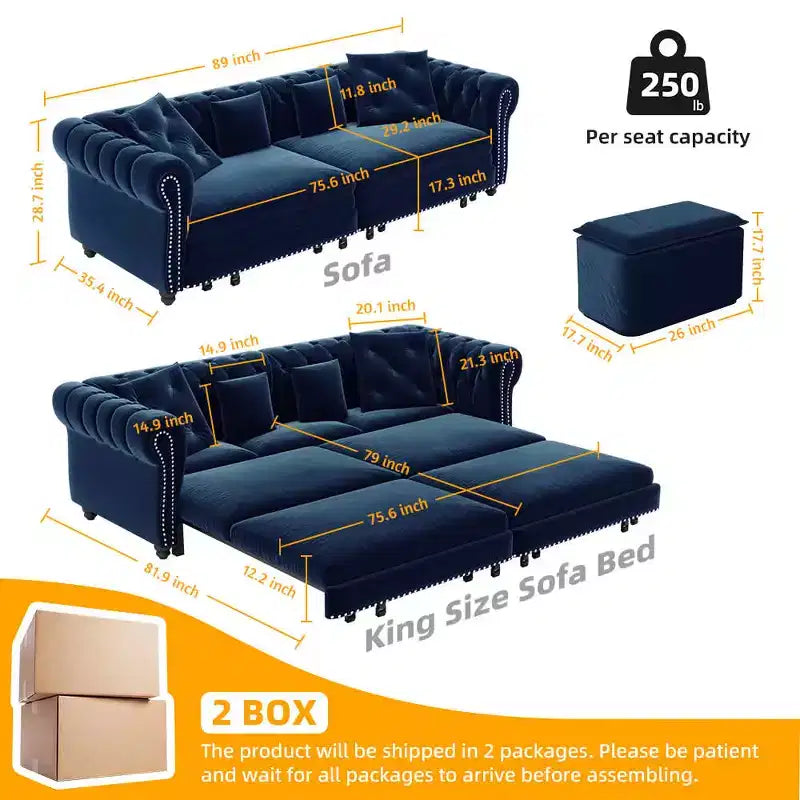 89 Samtsofa für 3 Personen mit verschiebbarem Ottomanen, ausziehbares Schlafsofa 3-in-1, Schlafsofa in Kingsize, Blau