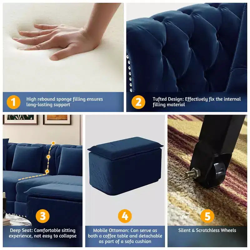 89 Samtsofa für 3 Personen mit verschiebbarem Ottomanen, ausziehbares Schlafsofa 3-in-1, Schlafsofa in Kingsize, Blau
