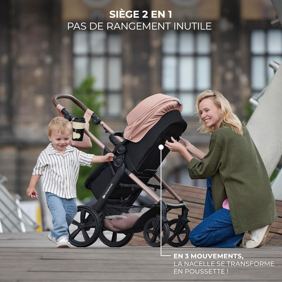 Kinderkraft MOOV2 Poussette 3 en 1, Système de voyage de la naissance à 27 kg, Siège auto Mink PRO I-Size inclus, Capote extensible avec filtre UPF50+, Accessoires pratiques, Gris