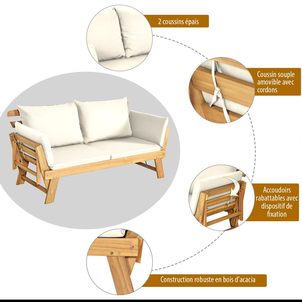 Chaise Longue Convertible avec Coussin Canapé de Jardin 2 en 1 en Bois d’Acacia avec Accoudoir Réglable pour Patio Piscine Jardin Blanc/Gris/Bleu/Rouge