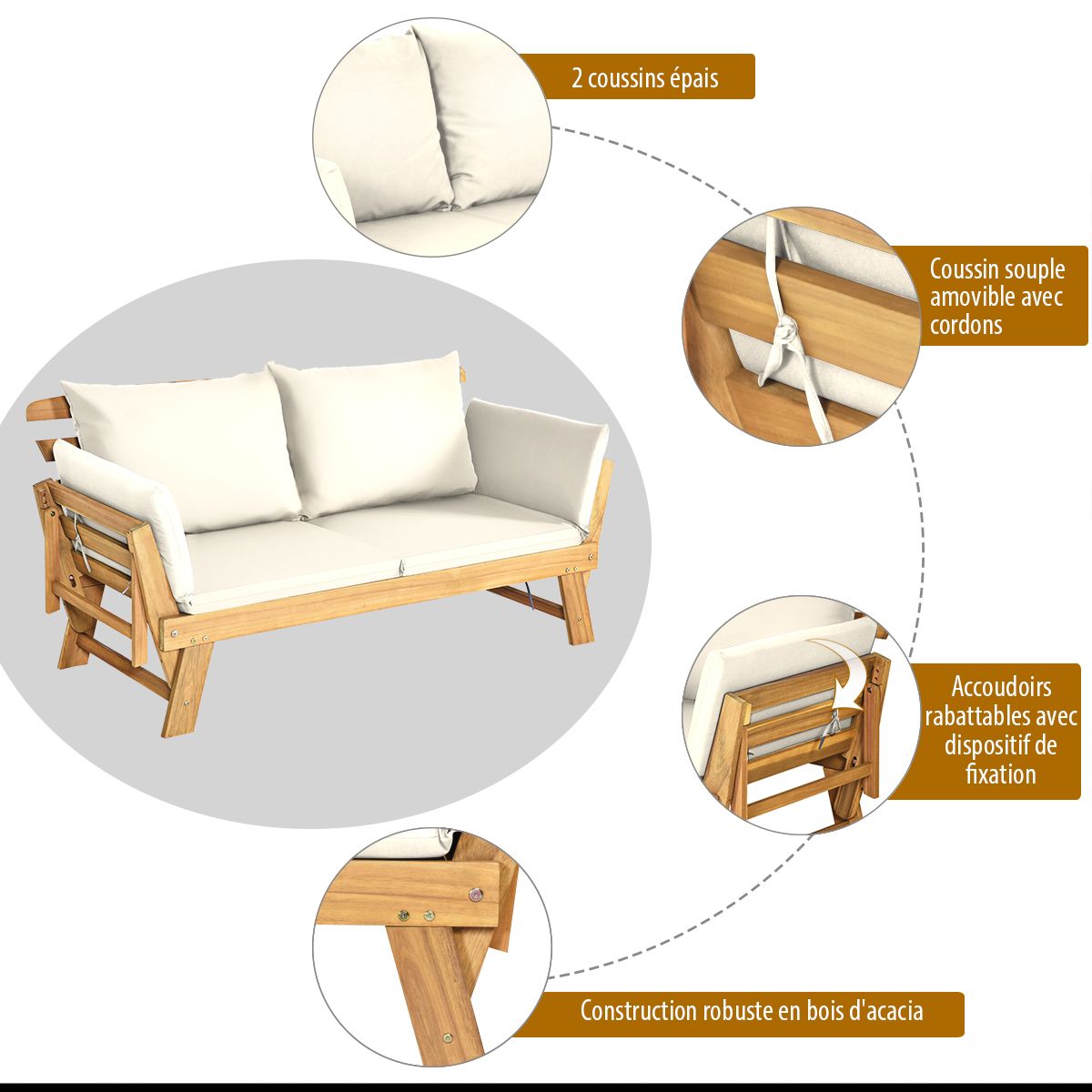 Chaise Longue Convertible avec Coussin Canapé de Jardin 2 en 1 en Bois d’Acacia avec Accoudoir Réglable pour Patio Piscine Jardin Blanc/Gris/Bleu/Rouge
