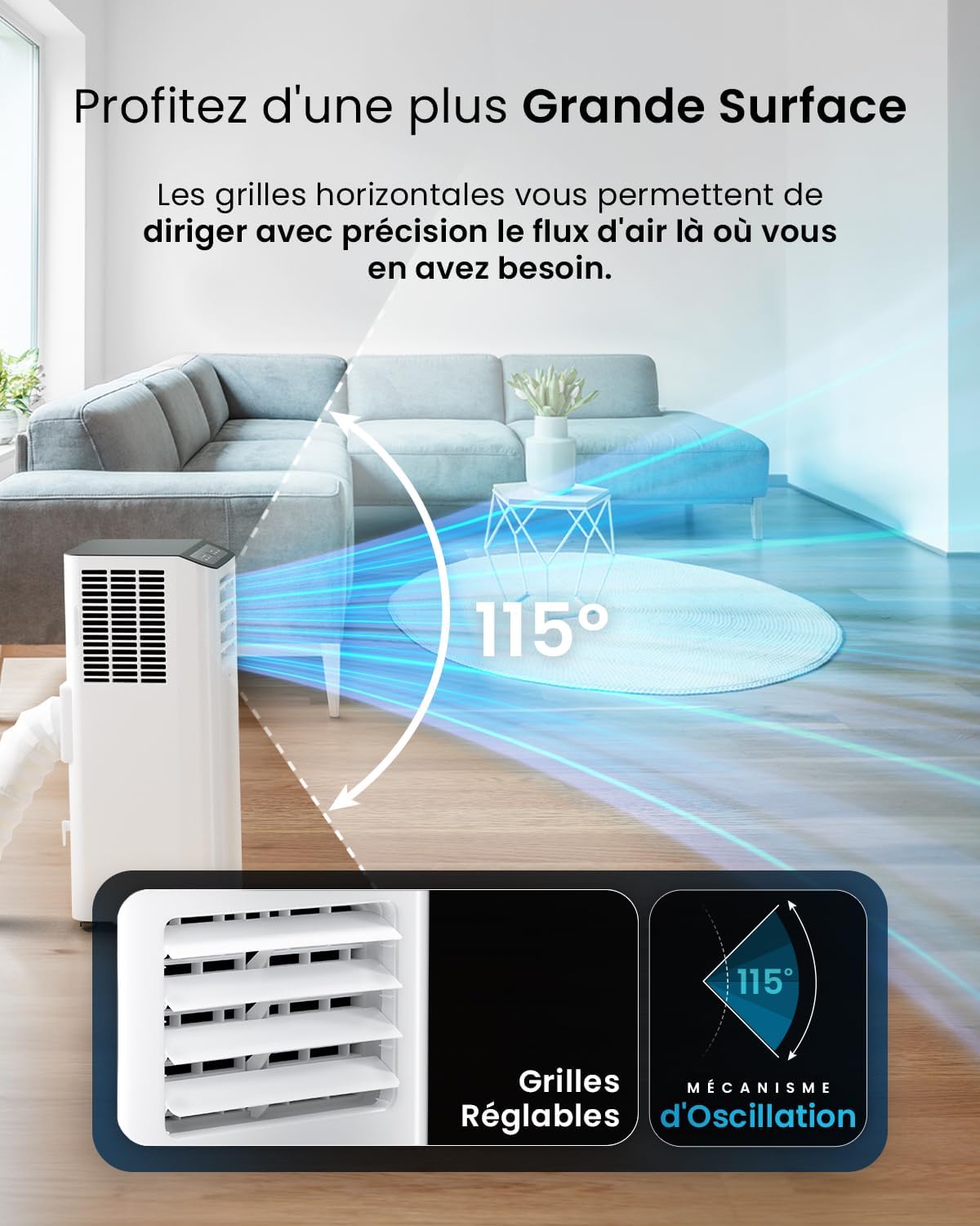 Climatiseur Mobile 4-en-1 9000 BTU - Clim Puissante compatible WiFi avec Application- Minuterie 24 heures, Télécommande et Kit Fenêtre inclus pour Chambre, Salon 22m2 [Classe énergétique A]