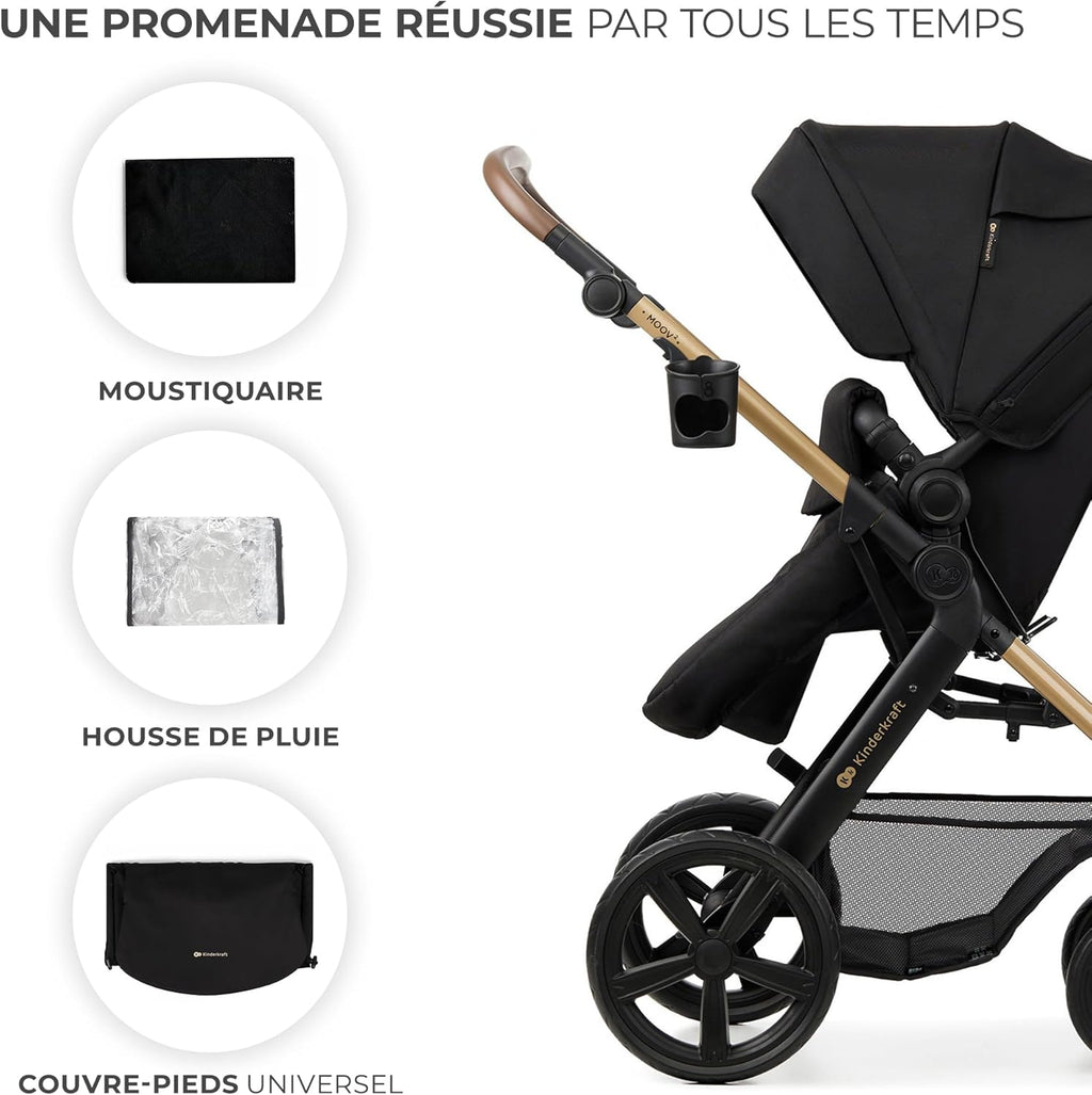 Kinderkraft MOOV2 Poussette 3 en 1, Système de voyage de la naissance à 27 kg, Siège auto Mink PRO I-Size inclus, Capote extensible avec filtre UPF50+, Accessoires pratiques, Gris