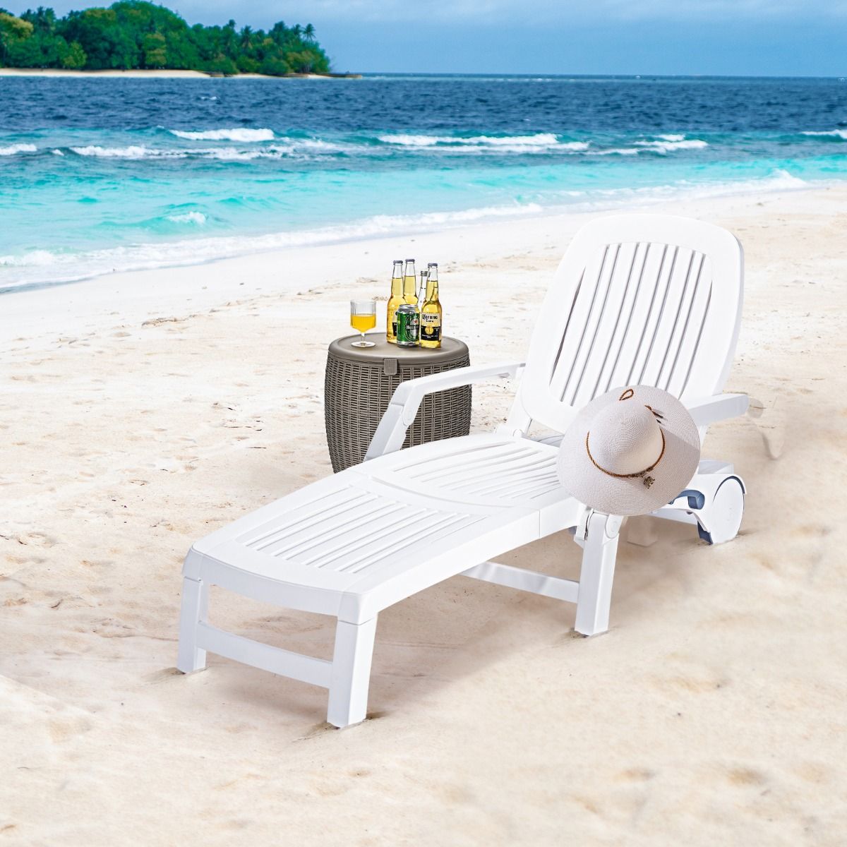 Chaise Longue Inclinable Réglable à 5 Positions avec Roues Flexibles Fauteuil Relax de Camping avec Bo?te de Rangement Charge 150KG Blanc