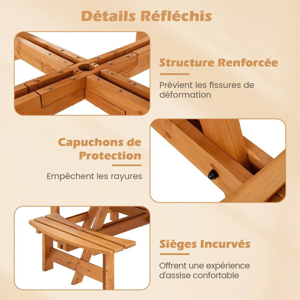 Ensemble Table de Pique-Nique en Bois pour 2 à 8 Personnes Set Table et Banc Circulaire avec 4 Bancs Intégrés Trou de Parasol de 5cm Marron/Jaune