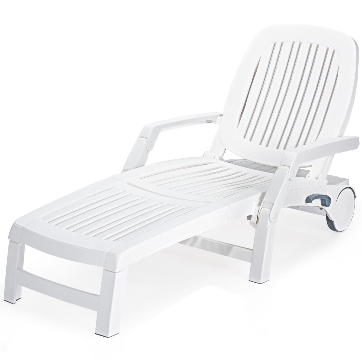 Chaise Longue Inclinable Réglable à 5 Positions avec Roues Flexibles Fauteuil Relax de Camping avec Bo?te de Rangement Charge 150KG Blanc
