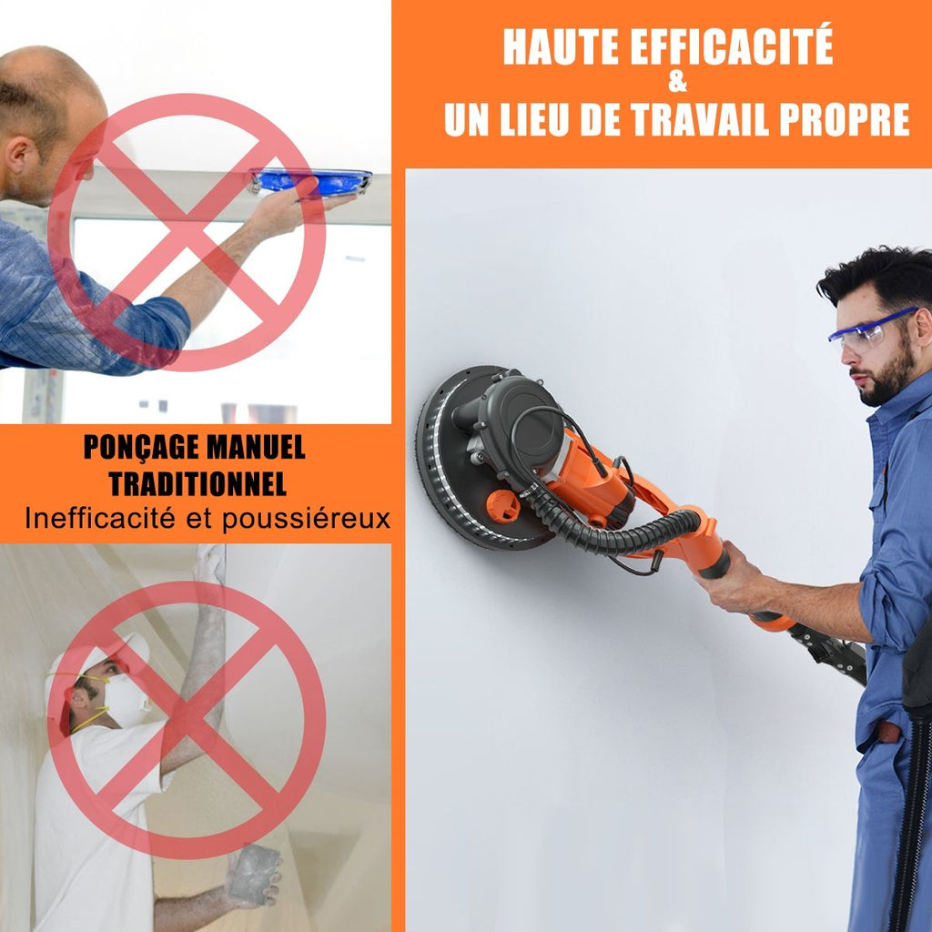 Ponceuse à Platre Murale 750W ? 225mm Aluminium 6 Vitesses Variables Lumières LED Manche Télescopique 12 Disques Abrasifs