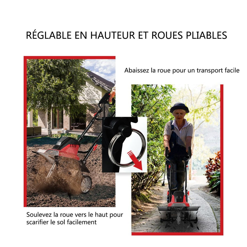 Motobineuse Motoculteur électrique 1500W Profondeur Travail 22CM Largeur 43CM avec Poignée Pliable Roues Réglables 6 Lames