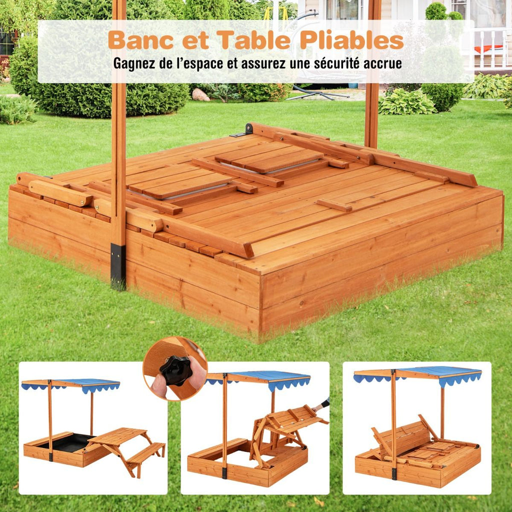 Bac à Sable en Bois pour Enfants avec Couvercle Aire de Jeux avec Table Sensorielle Pliable & Banc Parasol Ajustable pour 3+ Ans Naturel