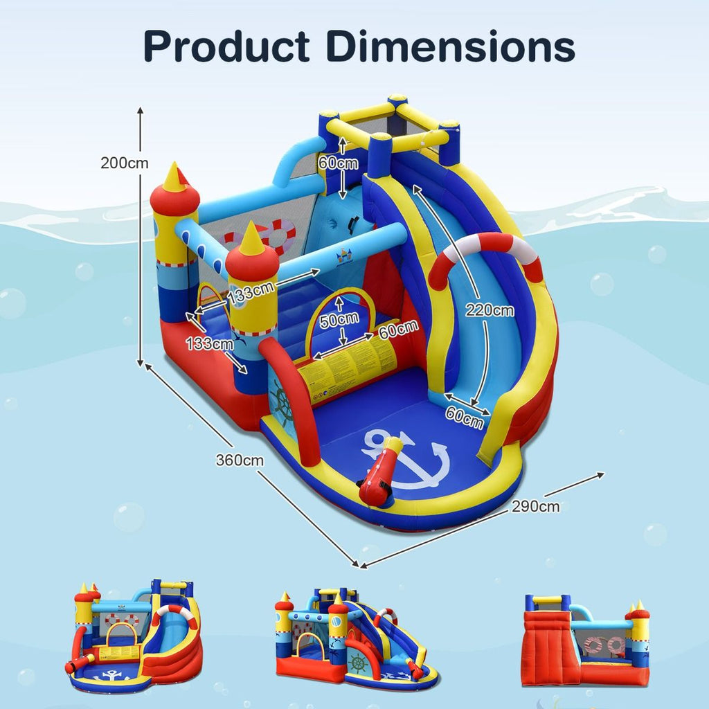 Chateau Gonflable Style Bateau avec Toboggan Incurvé Zone de Saut Mur d'Escalade avec Gonfleur 450 W