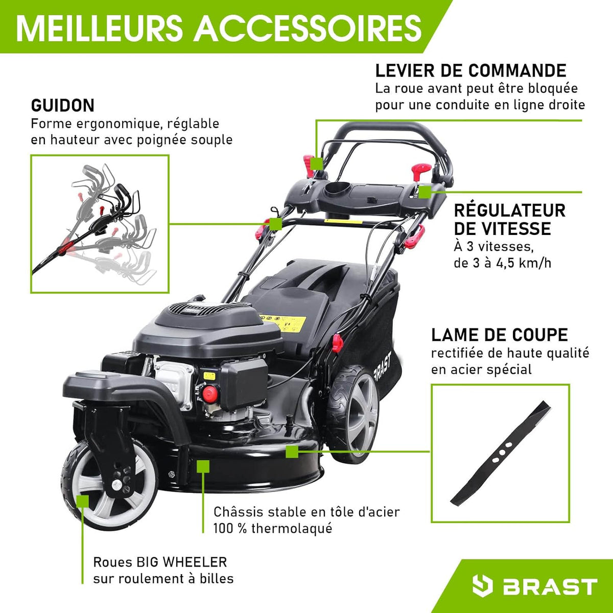 BRAST tondeuse thermique 3 roues TRIKE E-START 224cc 53cm tractée démarrage électrique mulching 4en1 capot en t?le en acier 60l - moteur 4 temps de la marque fran?aise GT reglable