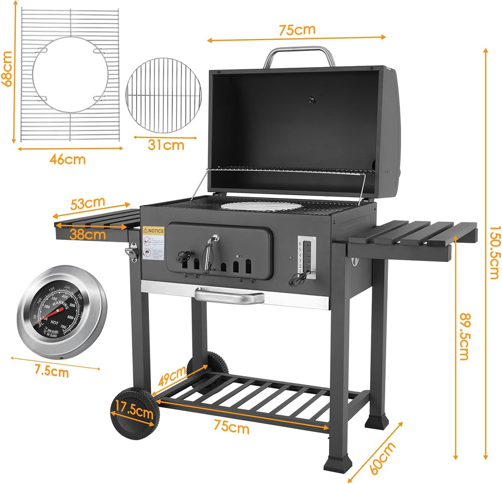 Barbecue Charbon de Bois XL, Chariot à Barbecue, Grill XL à Charbon avec Couvercle, Roues et Thermomètre, Réglable en Hauteur, Grand Barbecue au Charbon de Bois, pour Camping et Jardin, Noir