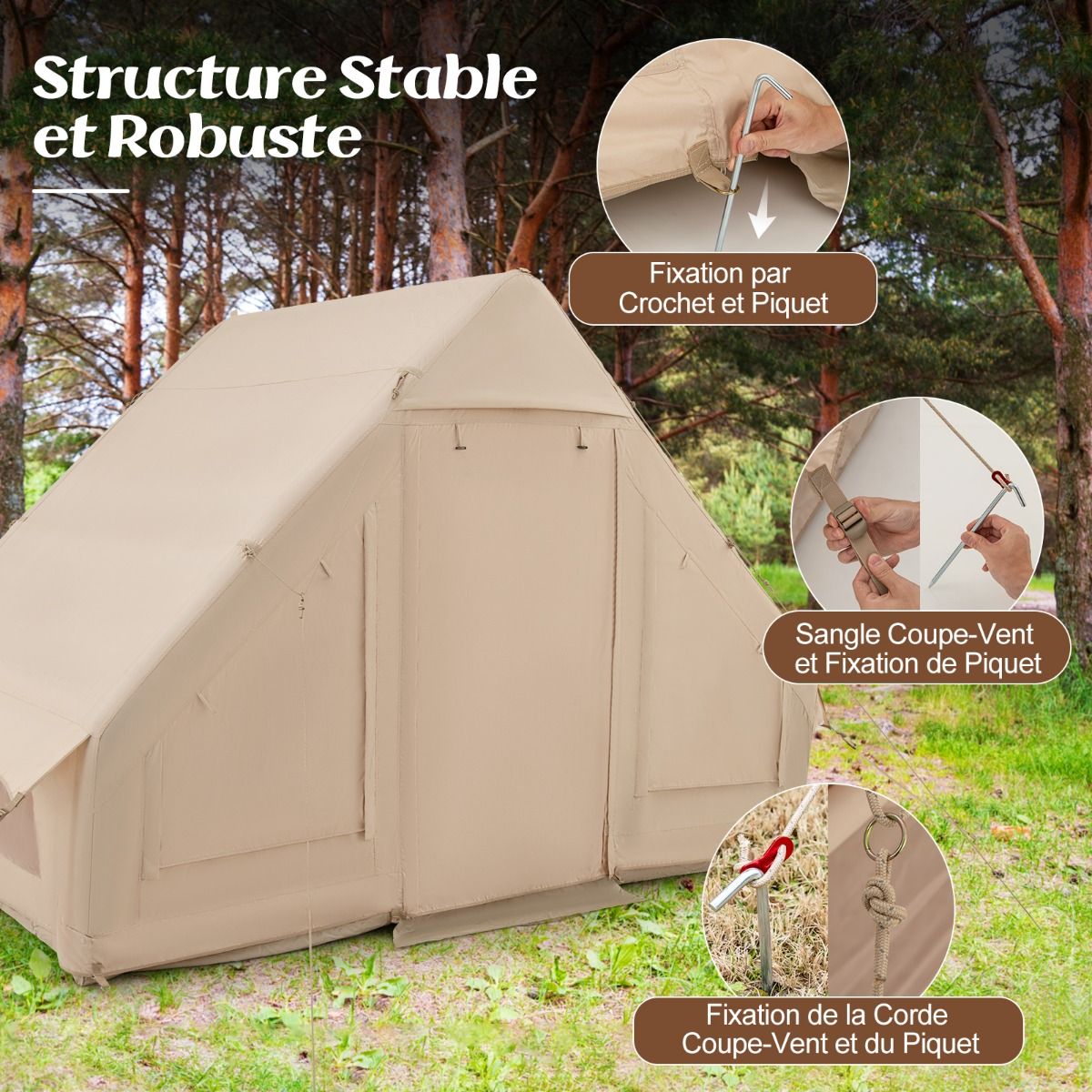 Tente de Camping Gonflable 6 m2 pour 4-6 Personnes Tente en Coton Coupe-vent et Imperméable avec Pompe 7 Fenêtres à Moustiquaire Beige
