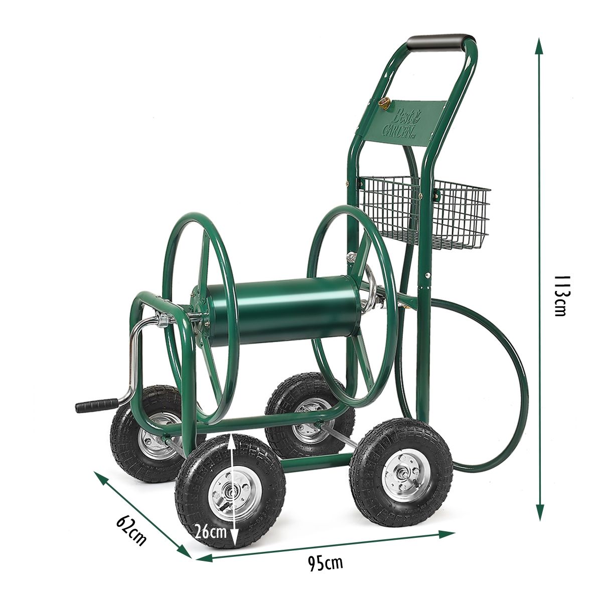 Dévidoir de Tuyau d’Arrosage avec 4 Roulettes Chariot pour 1.7m de Tuyau d’Arrosage Panier, 95x62x113cm, Vert