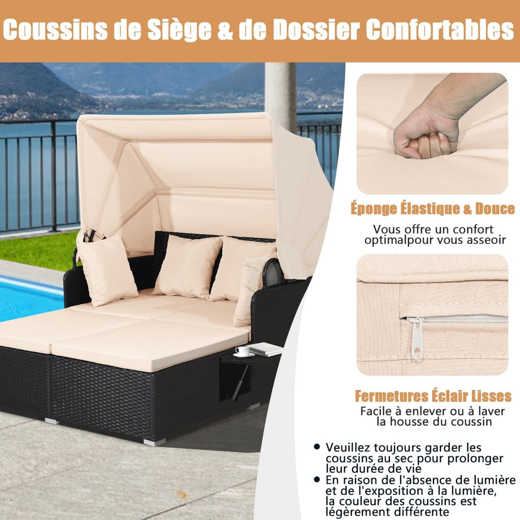 Chaise Longue à 2 Places en Rotin avec Auvent Rétractable Bain de Soleil avec Panneaux Latéraux Pliables Charge 360KG Beige/Gris