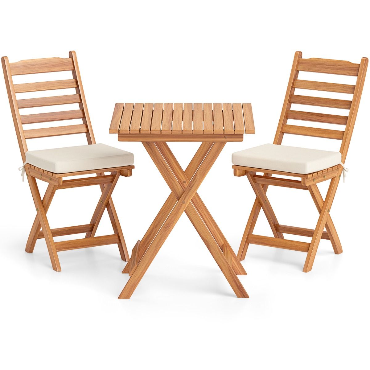 Ensemble Bistrot d'Extérieur en Bois d'Acacia Ensemble de Chaises Pliantes et Table Coussins de Siège Sans Accoudoirs à Dossier Haut Blanc