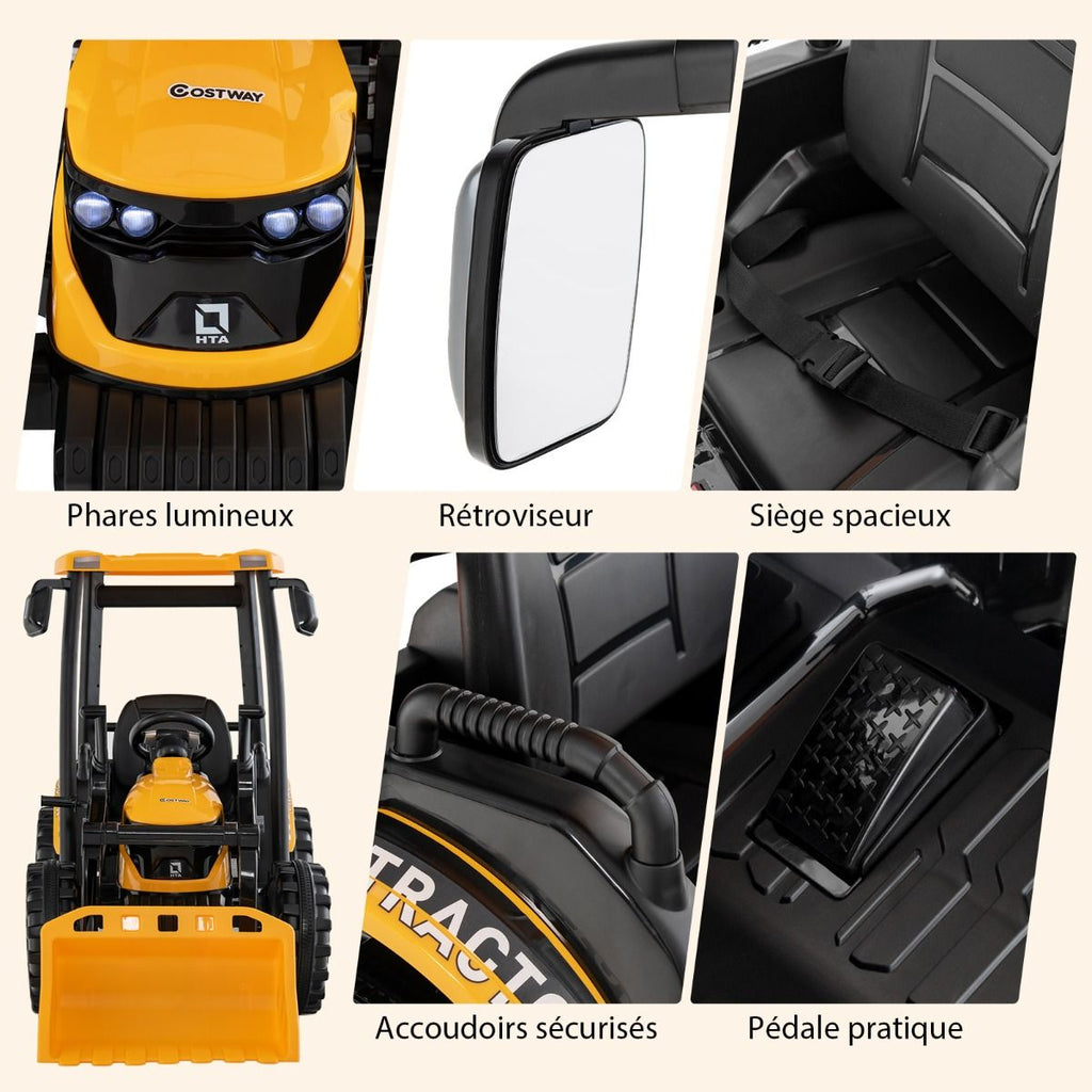 12V Tracteur électrique Enfants avec Pelle&Remorque Amovible Véhicule électrique à 6 Roues avec Télécommande & Musique 3-6 km/h pour 3-8 Ans Jaune/Vert