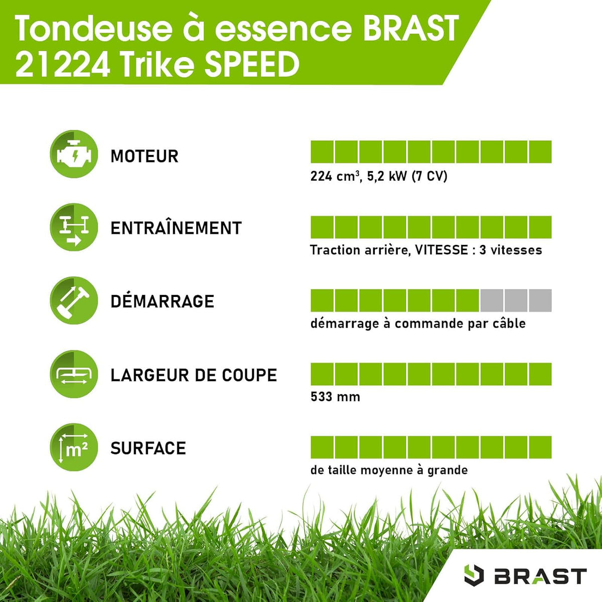 BRAST tondeuse thermique 3 roues TRIKE E-START 224cc 53cm tractée démarrage électrique mulching 4en1 capot en t?le en acier 60l - moteur 4 temps de la marque fran?aise GT reglable