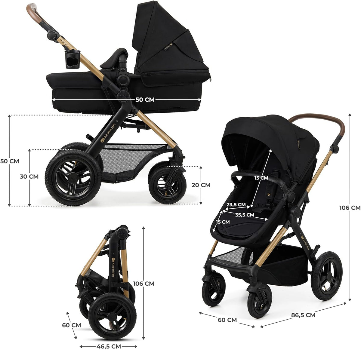 Kinderkraft MOOV2 Poussette 3 en 1, Système de voyage de la naissance à 27 kg, Siège auto Mink PRO I-Size inclus, Capote extensible avec filtre UPF50+, Accessoires pratiques, Gris