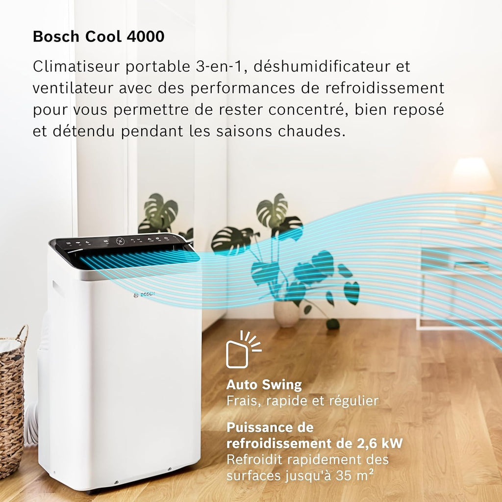 Bosch Cool 4000 Portable AC - 3 en 1 : Climatiseur, Déshumidificateur, Ventilateur - 2,6 kW pour les pièces jusqu'à 35m2 - Avec Mode Auto, Mode Silencieux et Mode Veille (48 db (A)) [Classe A+]