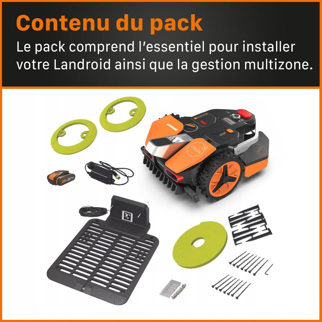 WORX LANDROID Vision WR206E.1, Robot Tondeuse sans Fil périphérique 600 m2 Surf.Max 700 m2, Installation en 30 Min, Caméra 4K + IA Adaptative, évite Tous Les Obstacles, Coupe des Bordures, Multizone