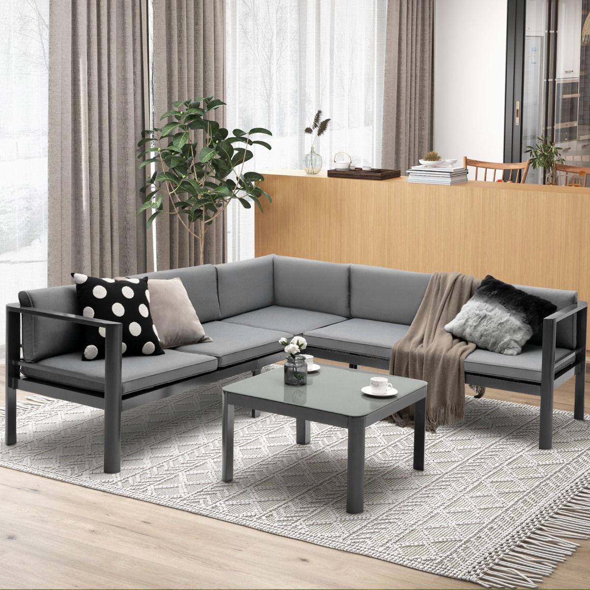 Salon de Jardin Extérieur avec Table Basse en Verre Trempé Canapéavec Dossier Inclinable à 6 Niveaux Coussins Inclus Gris