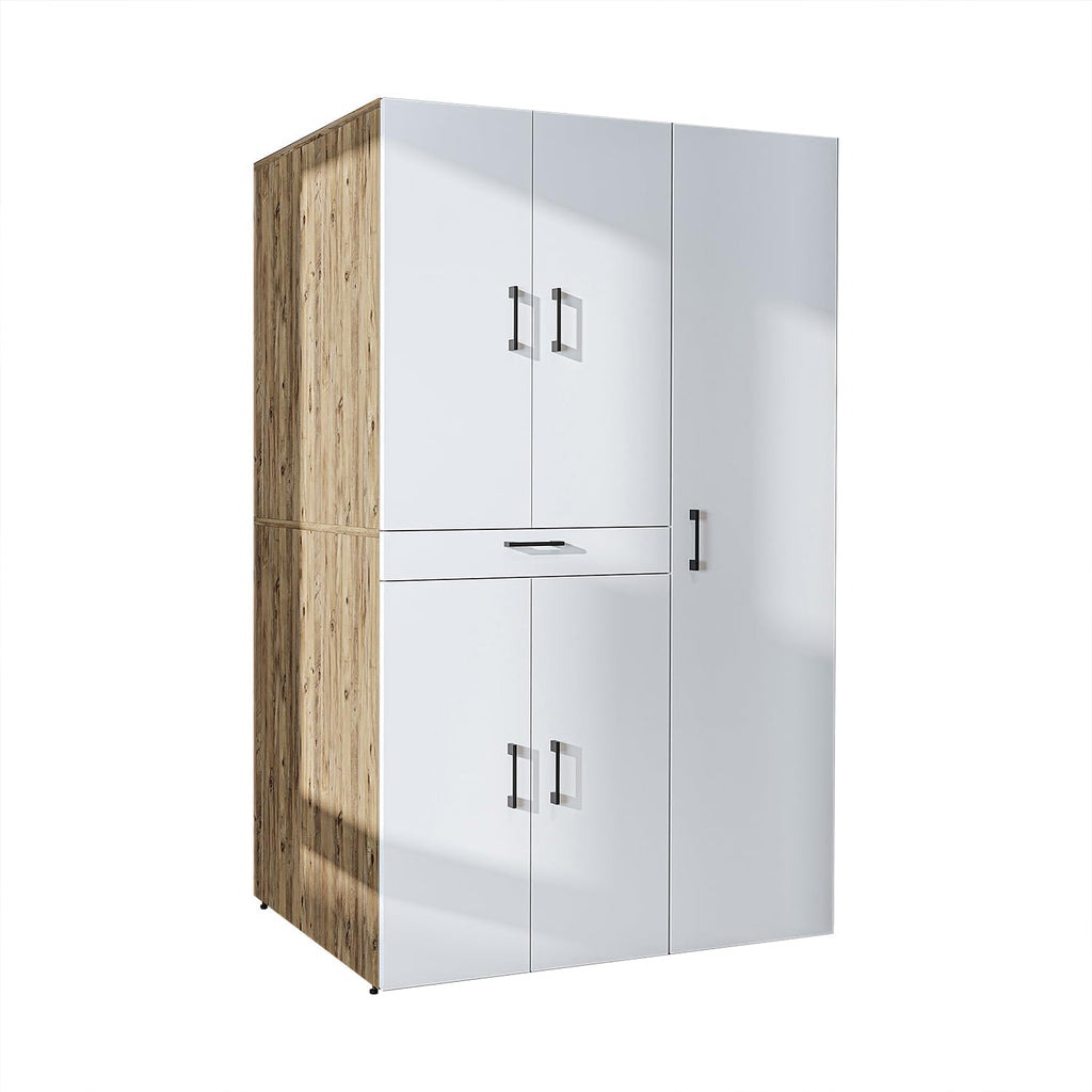 ROOMART Dora - Armoire de machine à laver - Pour sèche-linge et machine à laver - En 4 couleurs - Avec portes et panneau coulissant - Blanc - Chêne blanc - Chêne anthracite - Chêne blanc (chêne blanc)