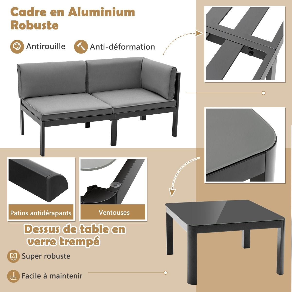 Salon de Jardin Extérieur avec Table Basse en Verre Trempé Canapéavec Dossier Inclinable à 6 Niveaux Coussins Inclus Gris