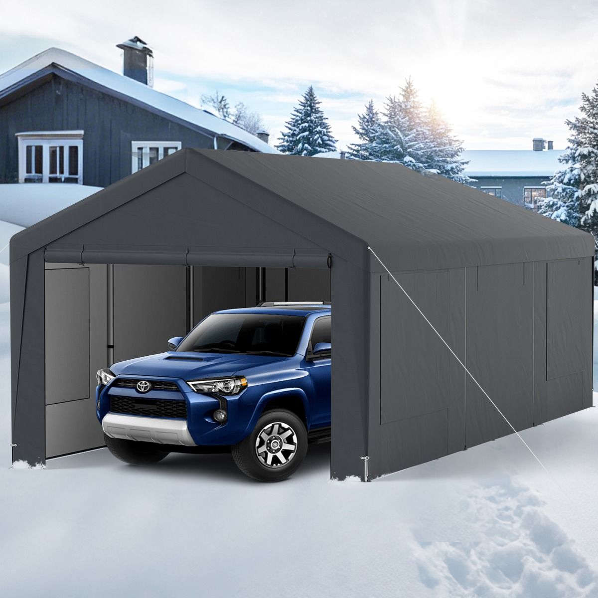Abri de Voiture 595 x 300 cm Extérieur Tente de Garage avec 8 Parois Latérales Amovibles Portes Enroulables Fenêtres Ventilées Gris