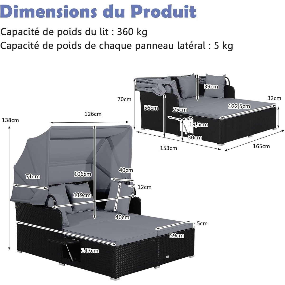 Chaise Longue à 2 Places en Rotin avec Auvent Rétractable Bain de Soleil avec Panneaux Latéraux Pliables Charge 360KG Beige/Gris