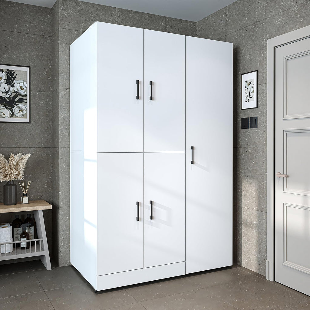 ROOMART Dora - Armoire de machine à laver - Pour sèche-linge et machine à laver - En 4 couleurs - Avec portes et panneau coulissant - Blanc - Chêne blanc - Chêne anthracite - Chêne blanc (chêne blanc)