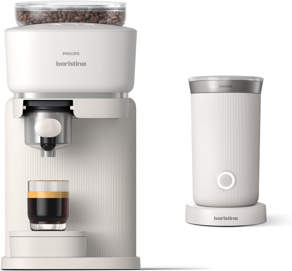Philips Baristina Machine à expresso - Un véritable expresso, en toute simplicité - Compacte - 16 bars de pression - Broyeur intégré - Machine blanche avec porte-filtre blanc (BAR300/00)