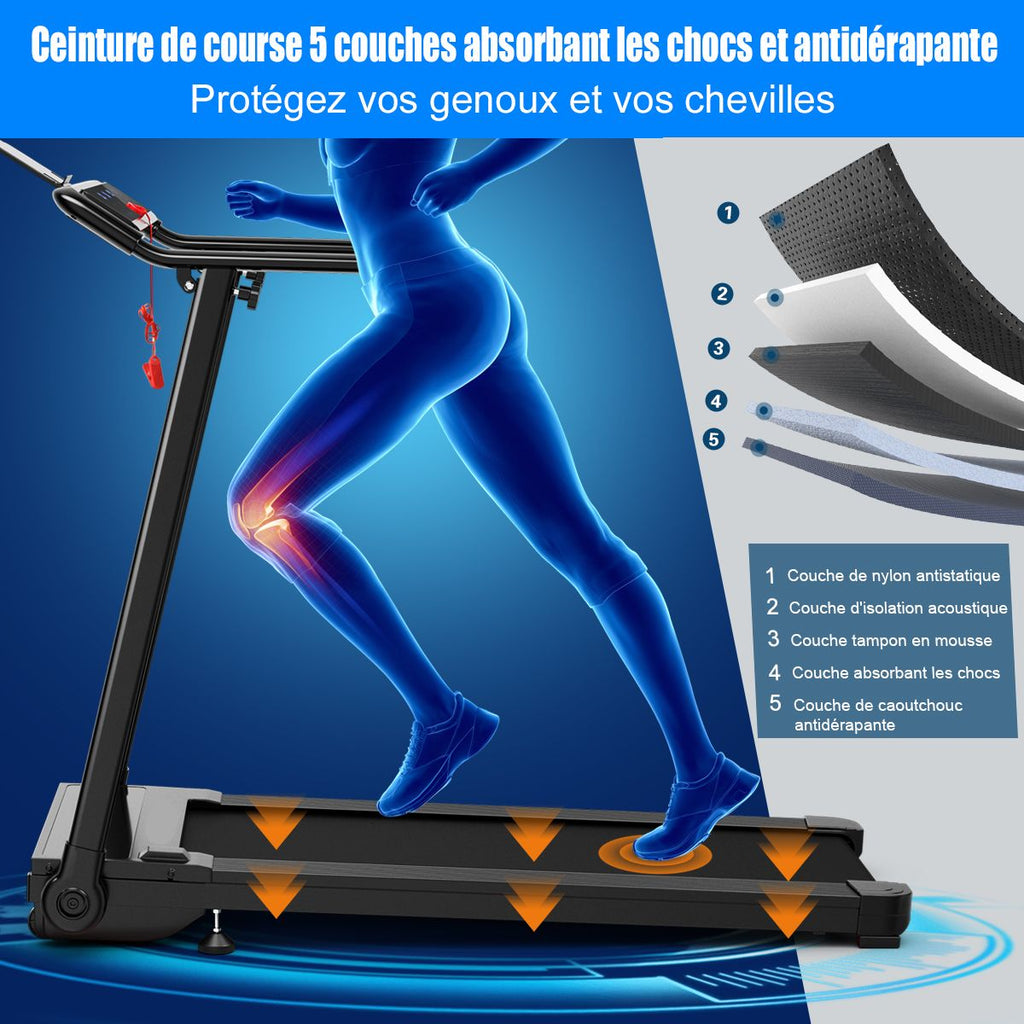 Tapis de Course/Marche Pliable 500W 12 Programmes Prédéfinis 0,8-9,6 Km/h Ecran Tactile LED 4 Touches de Raccourci Noir Support pour Ipad