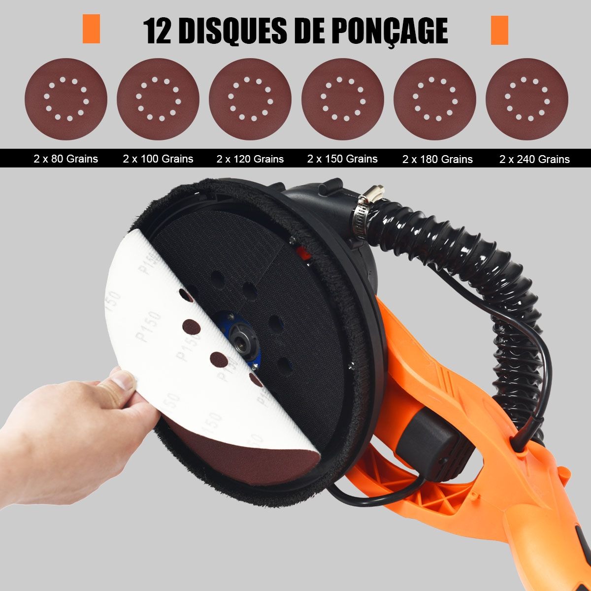 Ponceuse à Platre Murale 750W ? 225mm Aluminium 6 Vitesses Variables Lumières LED Manche Télescopique 12 Disques Abrasifs