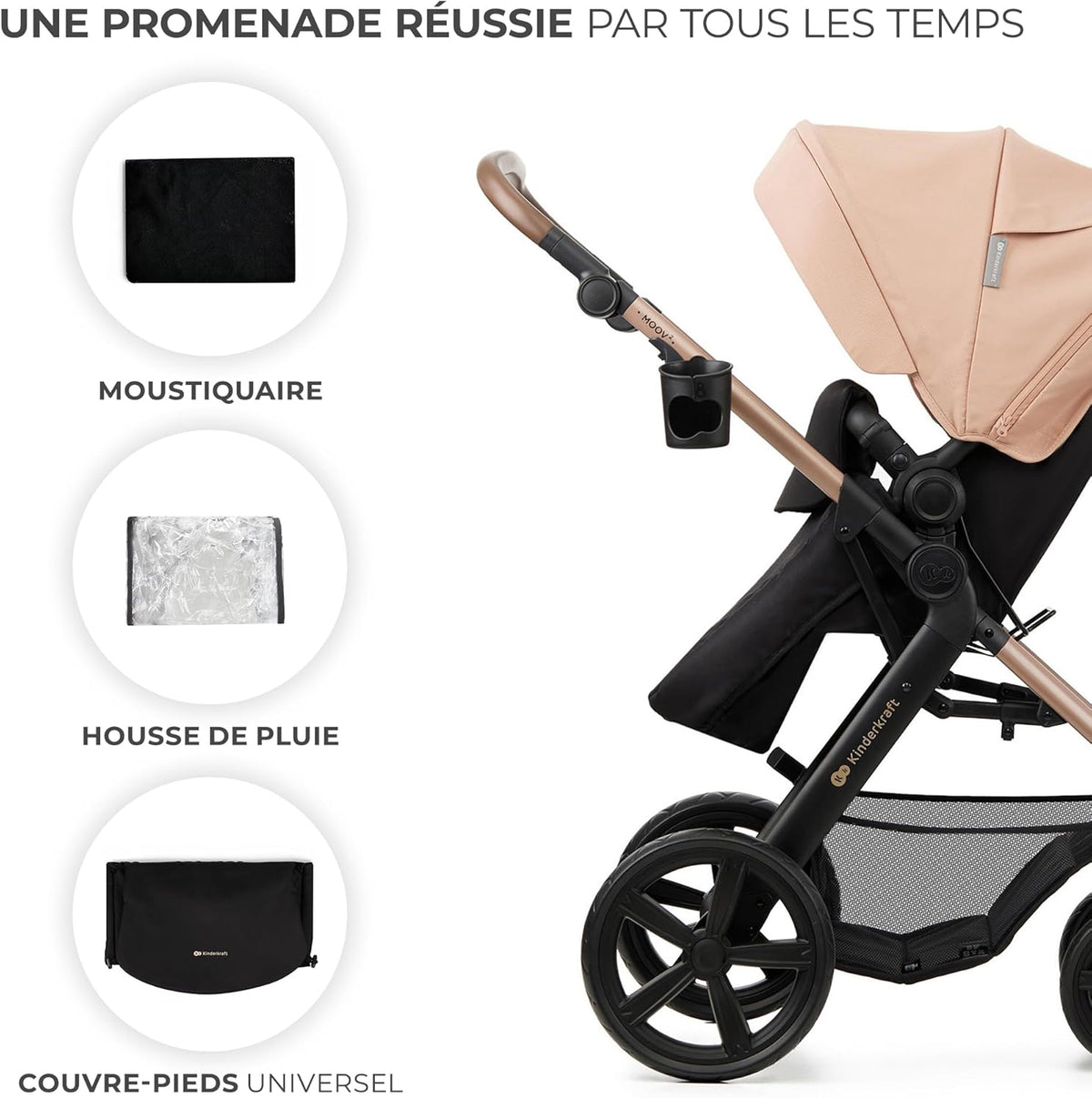 Kinderkraft MOOV2 Poussette 3 en 1, Système de voyage de la naissance à 27 kg, Siège auto Mink PRO I-Size inclus, Capote extensible avec filtre UPF50+, Accessoires pratiques, Gris