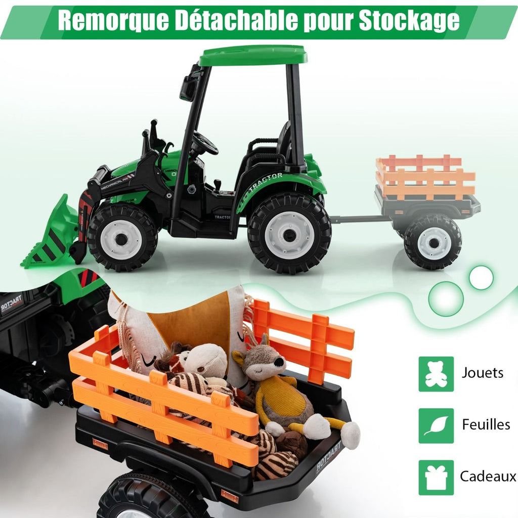 12V Tracteur électrique Enfants avec Pelle&Remorque Amovible Véhicule électrique à 6 Roues avec Télécommande & Musique 3-6 km/h pour 3-8 Ans Jaune/Vert