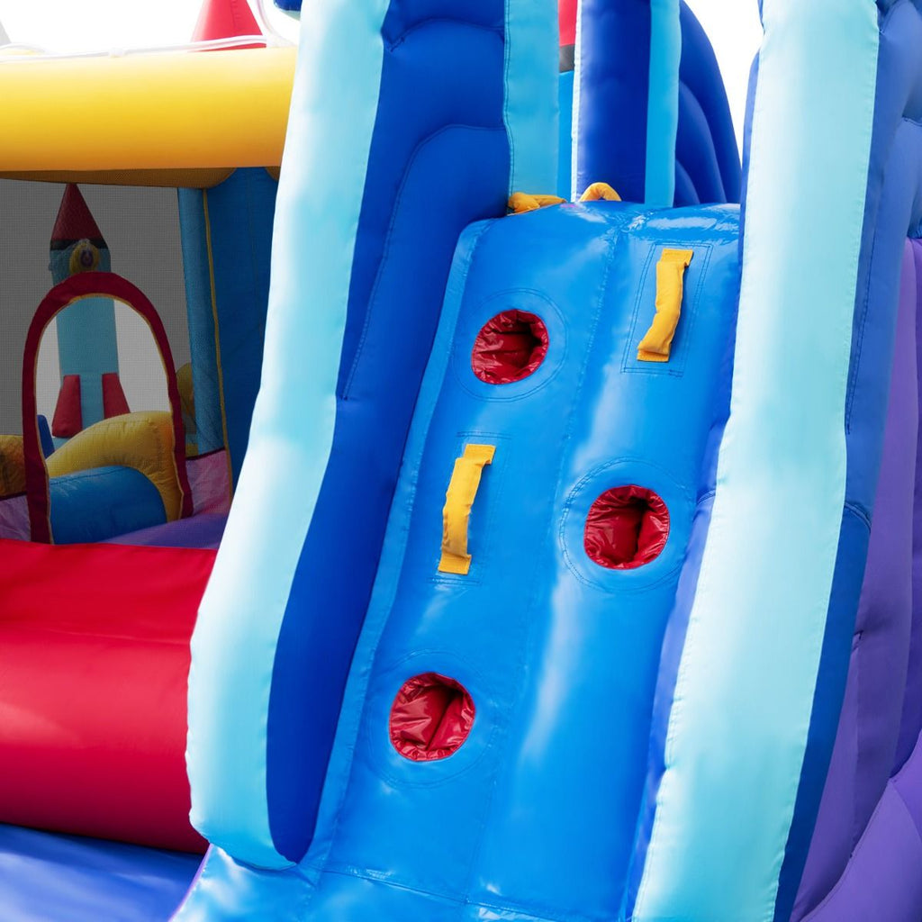 Chateau Gonflable à Toboggans Aquatiques Thème de La Fusée pour Enfants Piscine Zone de Saut Pistolet à Eau Escalade Souffleur de 850 W Multicolore