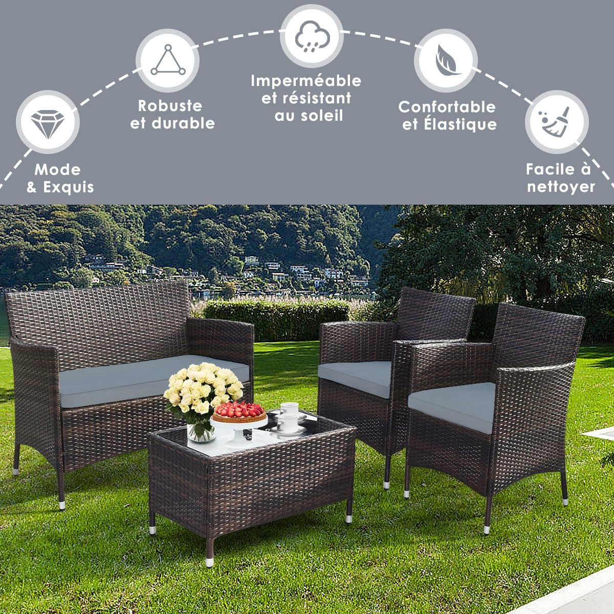 Salon de Jardin 4 PCS Mobilier de Terrasse en Rotin PE pour Véranda Patio Terrasse Piscine Marron et Gris