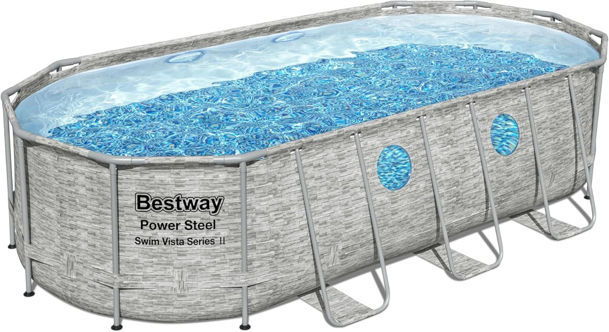 Bestway 56946 Piscine Power Steel? Swim Vista ovale 488 x 305 x 107 cm motif rotin avec hublots, filtration à sable, échelle, bache et diffuseur Chemconnect?