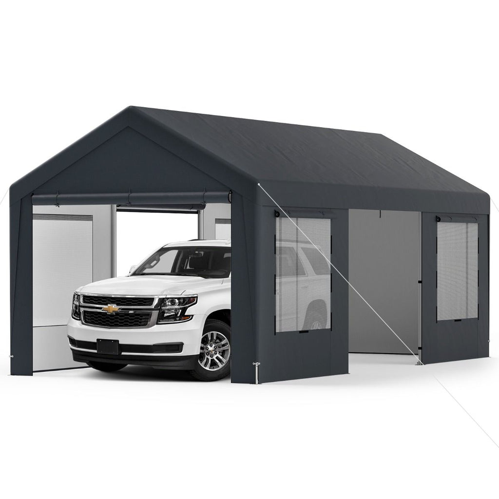 Abri de Voiture 595 x 300 cm Extérieur Tente de Garage avec 8 Parois Latérales Amovibles Portes Enroulables Fenêtres Ventilées Gris