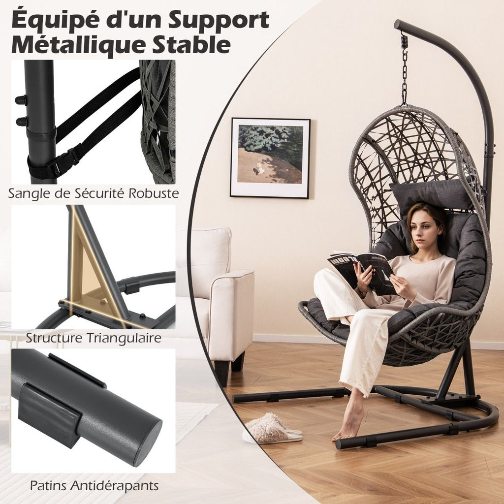 Chaise Oeuf en Rotin PE avec Support avec Oreiller et Coussin Chaise Suspendue avec Accessoires de Suspension Capacité 160 Kg Gris