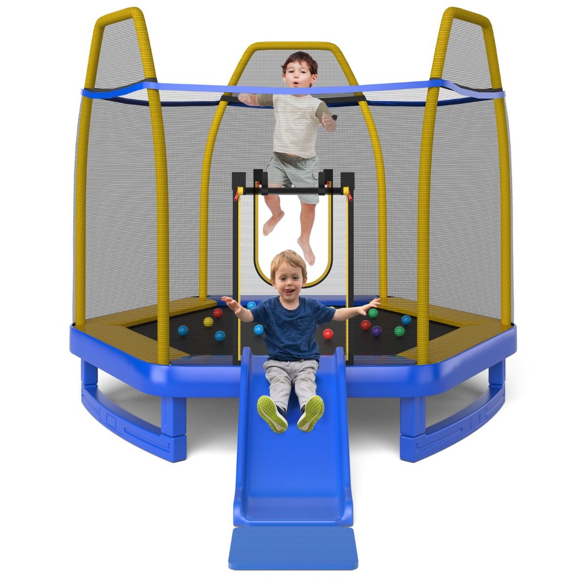 Trampoline Extérieur ? 223cm avec Toboggan&Echelle avec Filet de Sécurité 2 Portes en U Charge 270kg pour 2-3 Enfants de 3 Ans+ Bleu/Vert