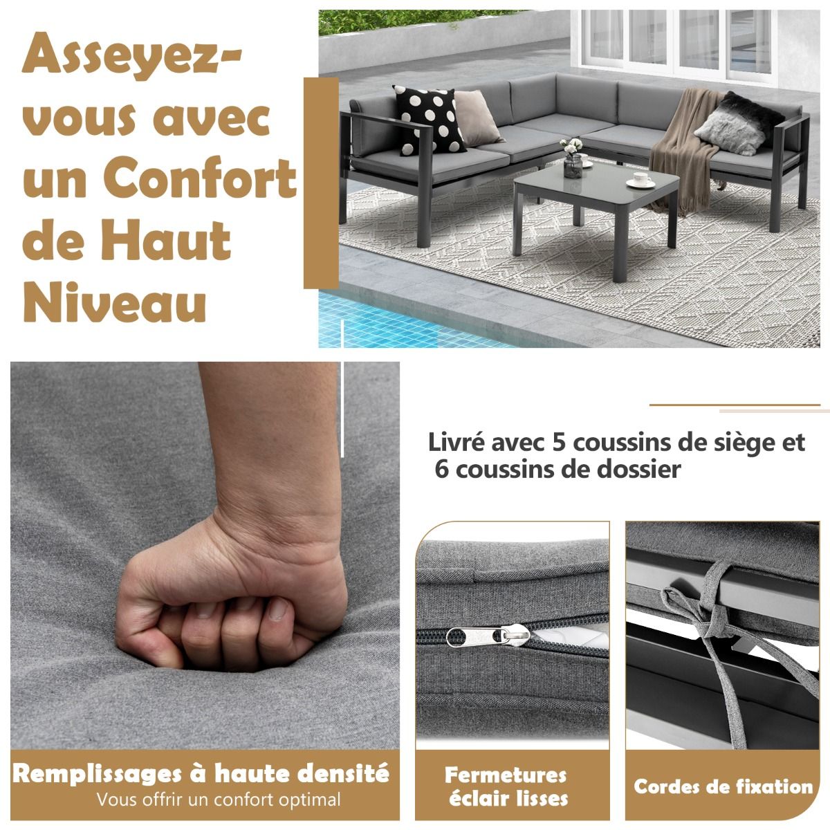 Salon de Jardin Extérieur avec Table Basse en Verre Trempé Canapéavec Dossier Inclinable à 6 Niveaux Coussins Inclus Gris