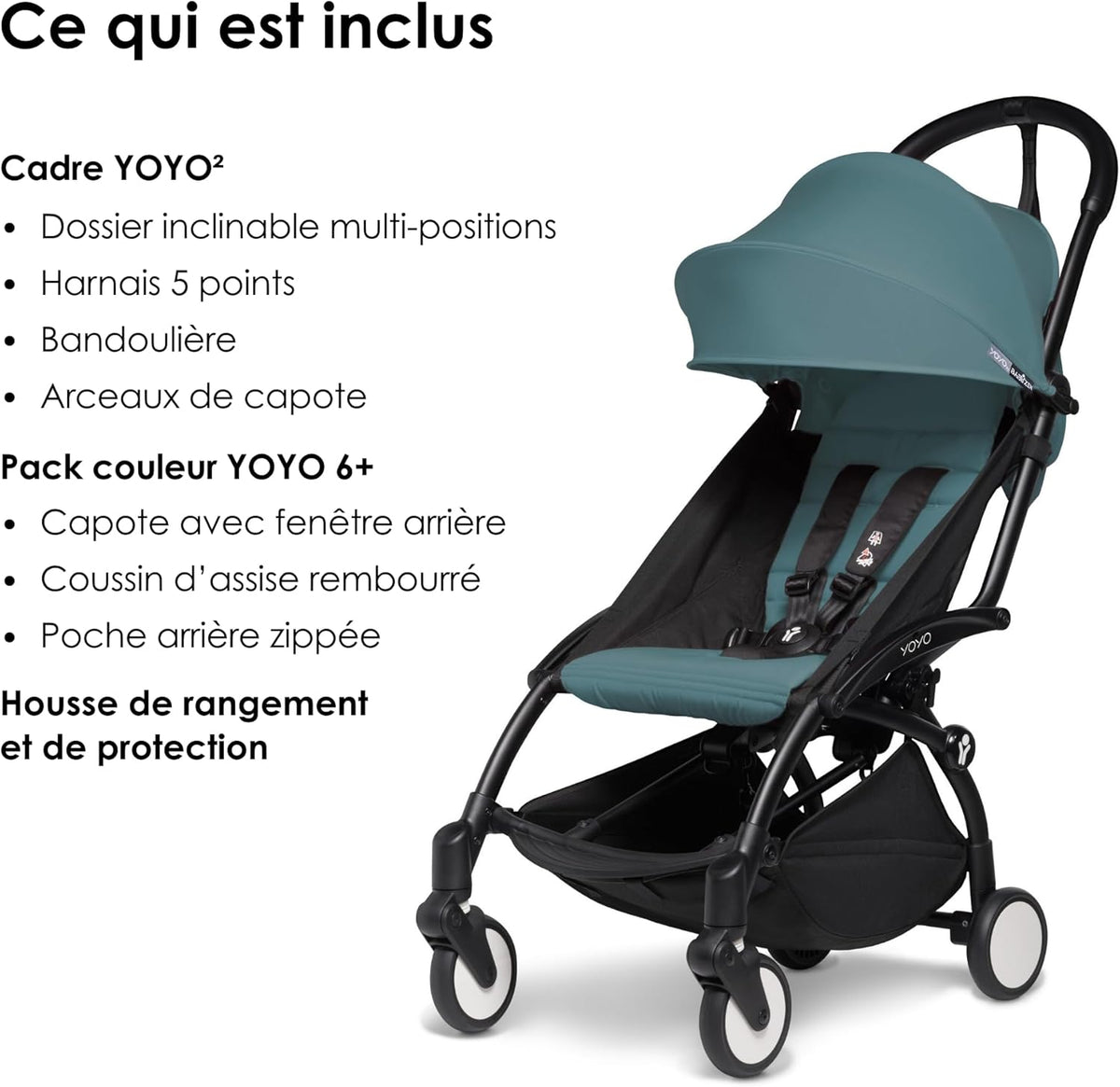 Poussette BABYZEN YOYO2 6+ (Cadre noir + pack couleur Aqua) - Comprend un harnais, un dossier, des arceaux de capote, une bandoulière, un coussin d’assise, et une capote assortie