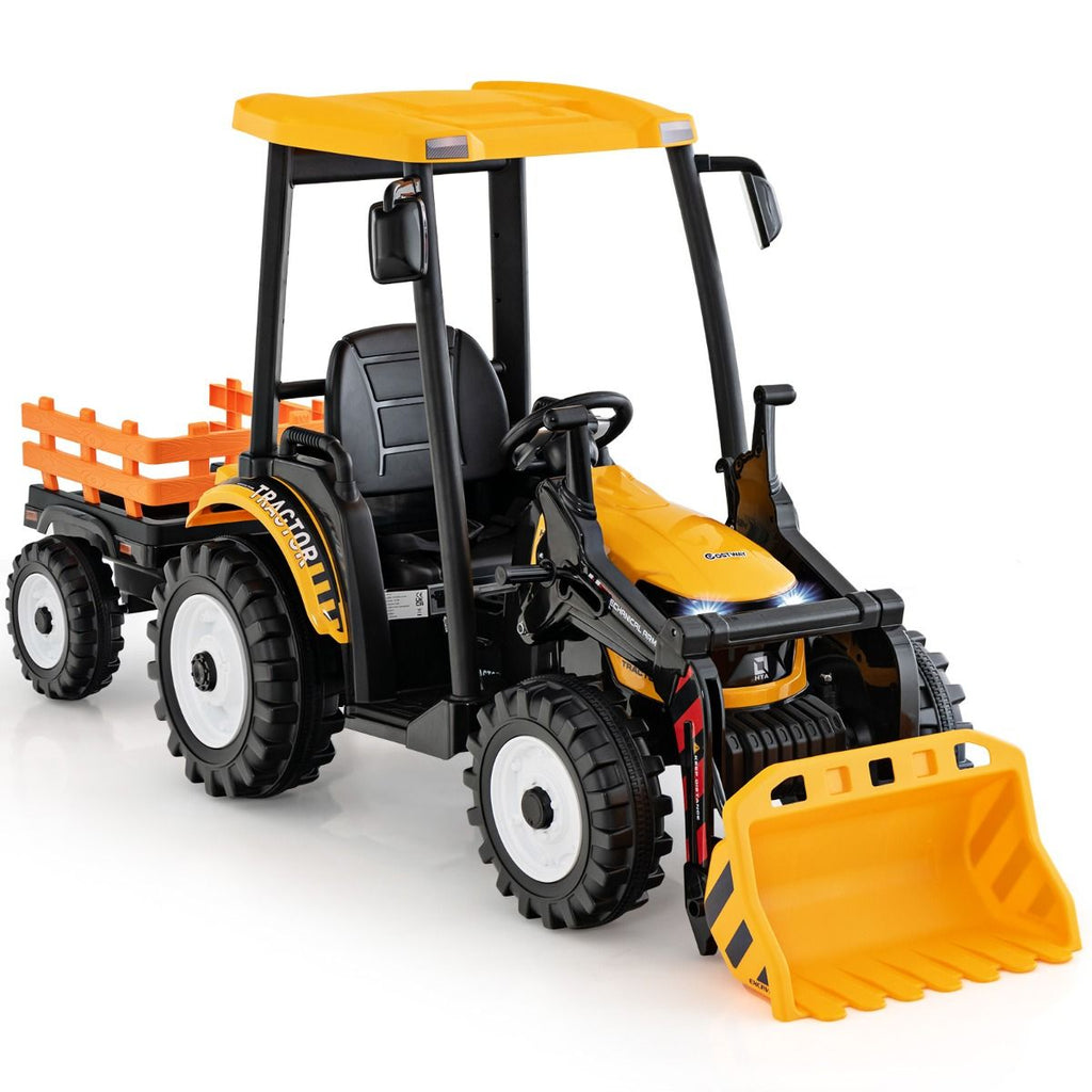 12V Tracteur électrique Enfants avec Pelle&Remorque Amovible Véhicule électrique à 6 Roues avec Télécommande & Musique 3-6 km/h pour 3-8 Ans Jaune/Vert