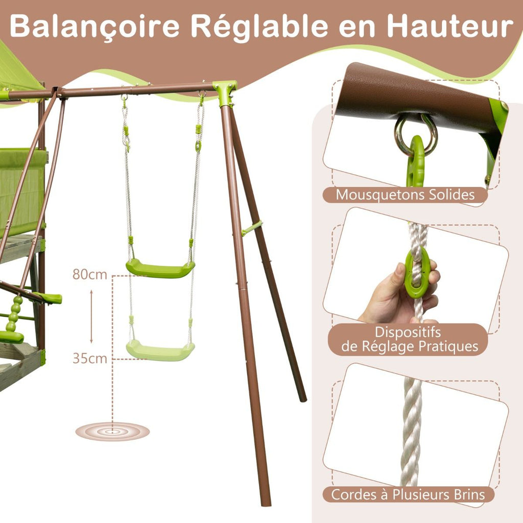 Balan?oire 7-en-1 Aire de Jeu en Métal avec Fort Couvert Réglable en Hauteur Corde d'Escalade Bac à Sable Glisseur Toboggan Ondulé Vert