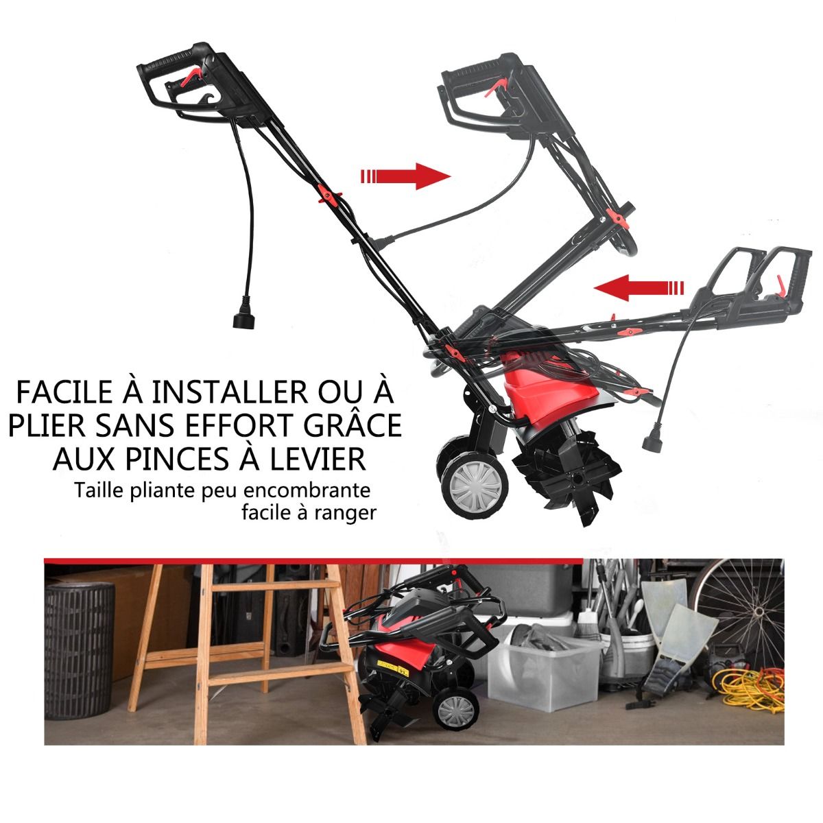 Motobineuse Motoculteur électrique 1500W Profondeur Travail 22CM Largeur 43CM avec Poignée Pliable Roues Réglables 6 Lames
