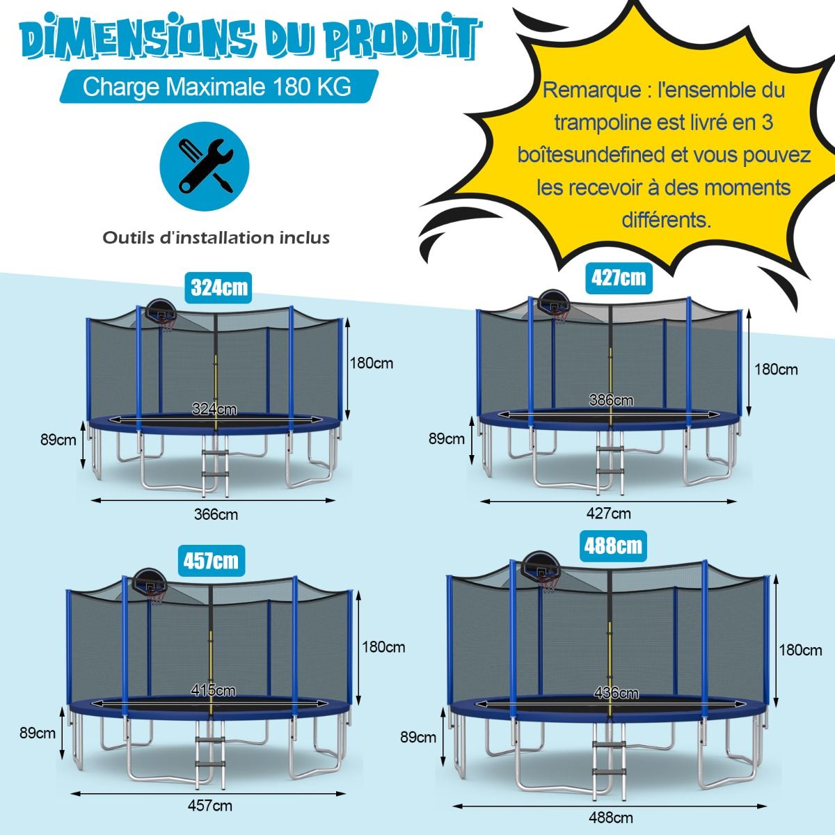 Trampoline d'Extérieur ?366 cm Trampoline avec Panier de Basket Filet de Protection Trampoline pour Enfants et Adultes