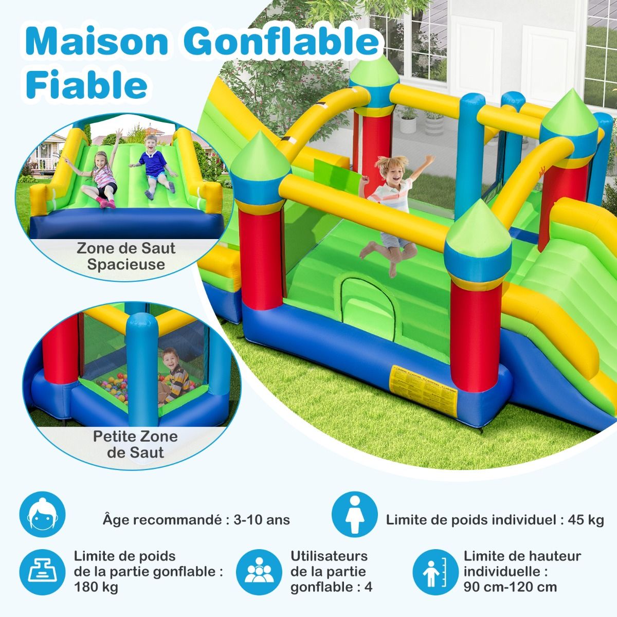 Chateau Gonflable pour 4 Enfants avec 2 Toboggans Tunnels Zone de Rebond Escalade Obstacles Maison de Jeu avec Souffleur de 680 W